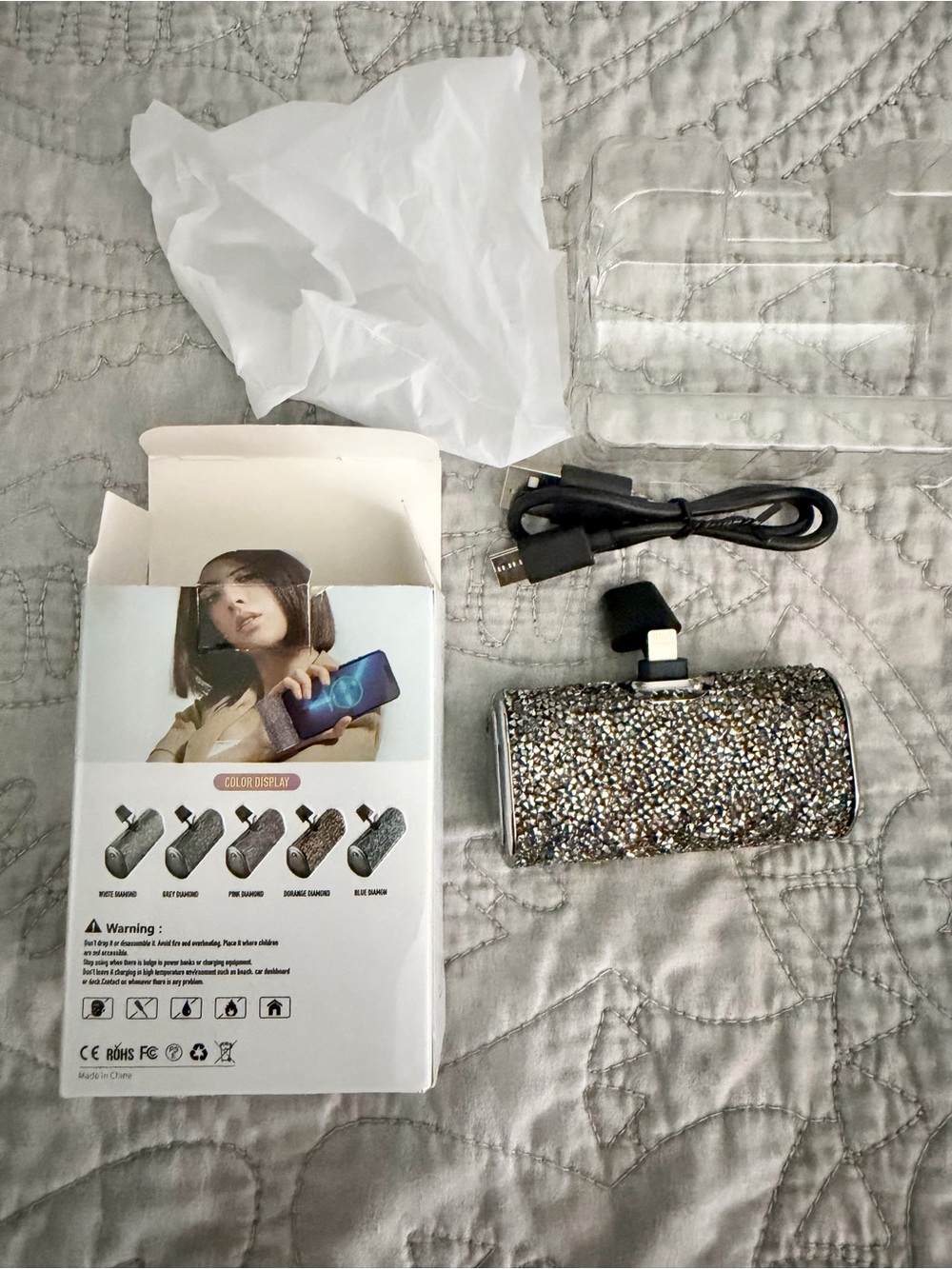 Glitter Rhinestone Portable Phone Charger - Silver
